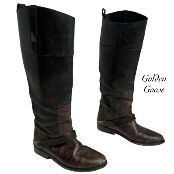 Golden Goose Black Brown Charlie Knee High Distressed Golden Boots Size 36 (5.5) - Picture 1 of 12